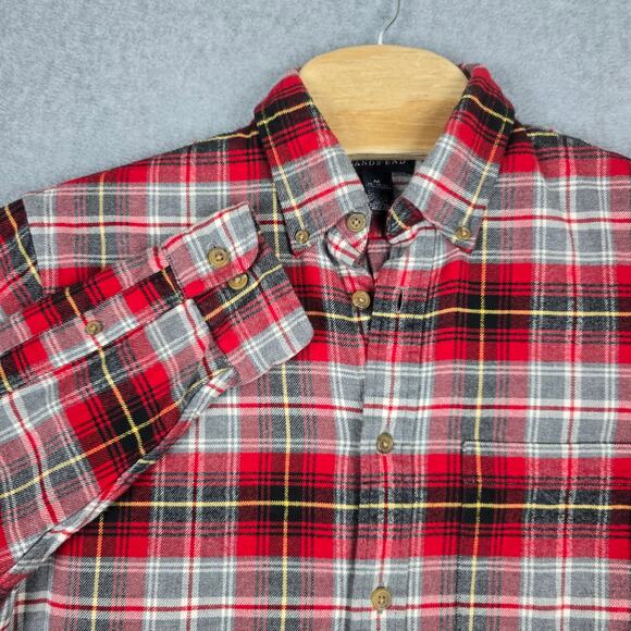 Lands' End Mens Medium (15-15 1/2) Flannel Shirt Red Gray Plaid Long Sleeve - Picture 1 of 8